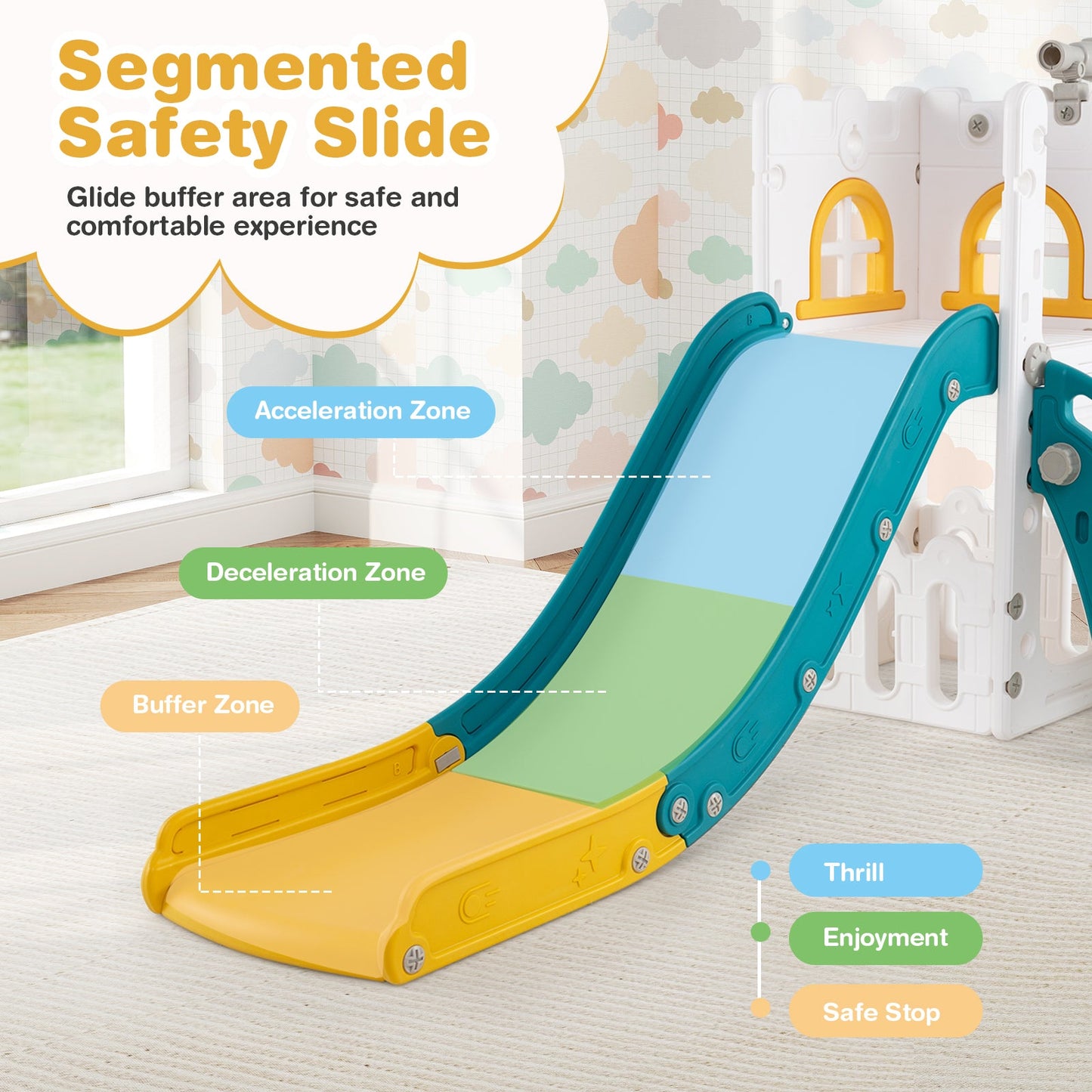 6-in-1 Toddler Slide L-shaped Playground with Basketball Hoop and Ladder