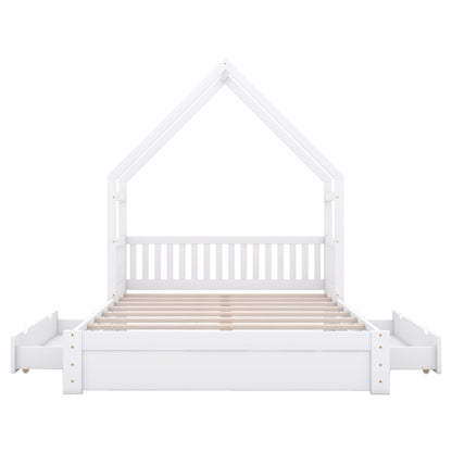 House Style Platform Bed With Guardrail And 2 Drawers