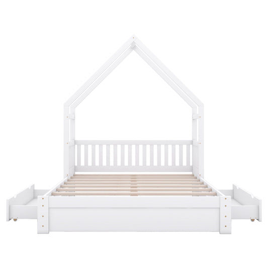 House Style Platform Bed With Guardrail And 2 Drawers