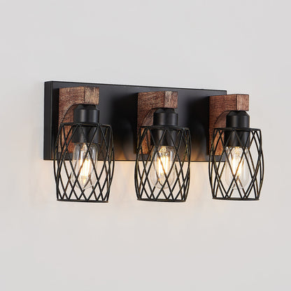 Industrial Black Cage Wall Sconce with Wood Accents | 3/4/5/6/7-Light Vintage Fixture for Bathroom, Hallway & Living Room