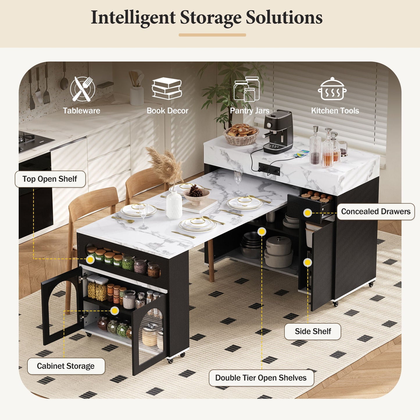 Extendable Dining Table With Folding Top, Rolling Kitchen Island With Drawers And Power Outlet