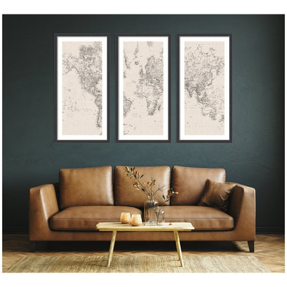 Vintage Black and White World Map Linen 3 Piece Framed Wall Art Print Set by The Creative Bunch Studio