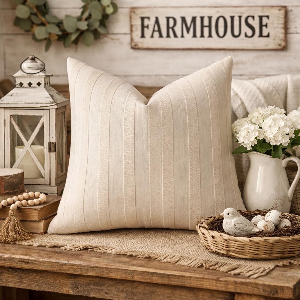 Fennco Styles Light Beige Textured Striped Throw Pillow Cover 18" X 18" - Modern Accent Pillow Case for Couch, Home and Neutral Farmhouse Décor, 2-Pack