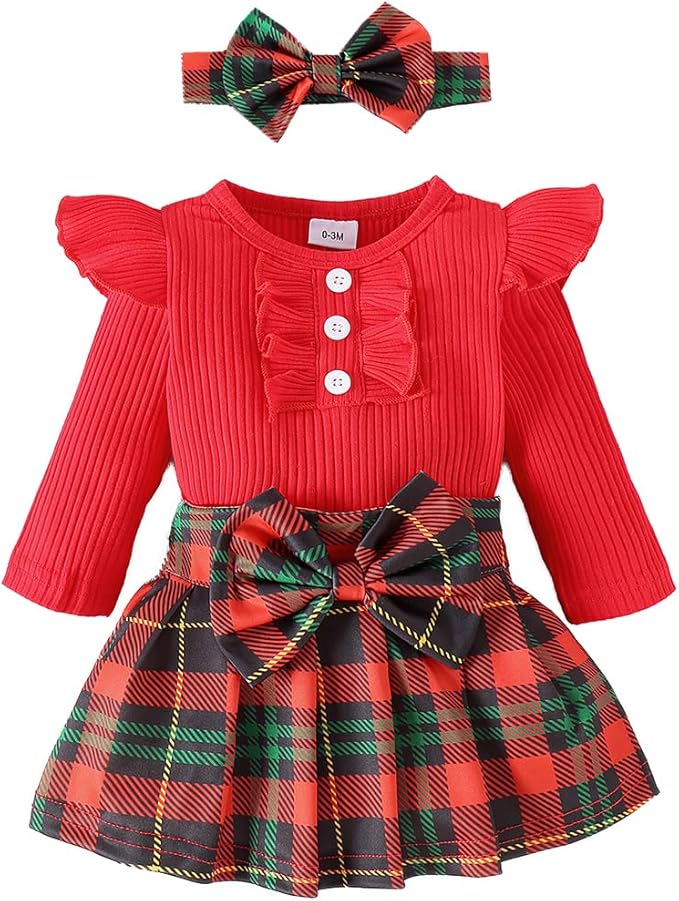 Stylesilove Infant Baby Girls Ribbed Long Sleeve Cotton Bodysuit, Plaid Skirt & Headband 3pcs Christmas Holiday Outfit