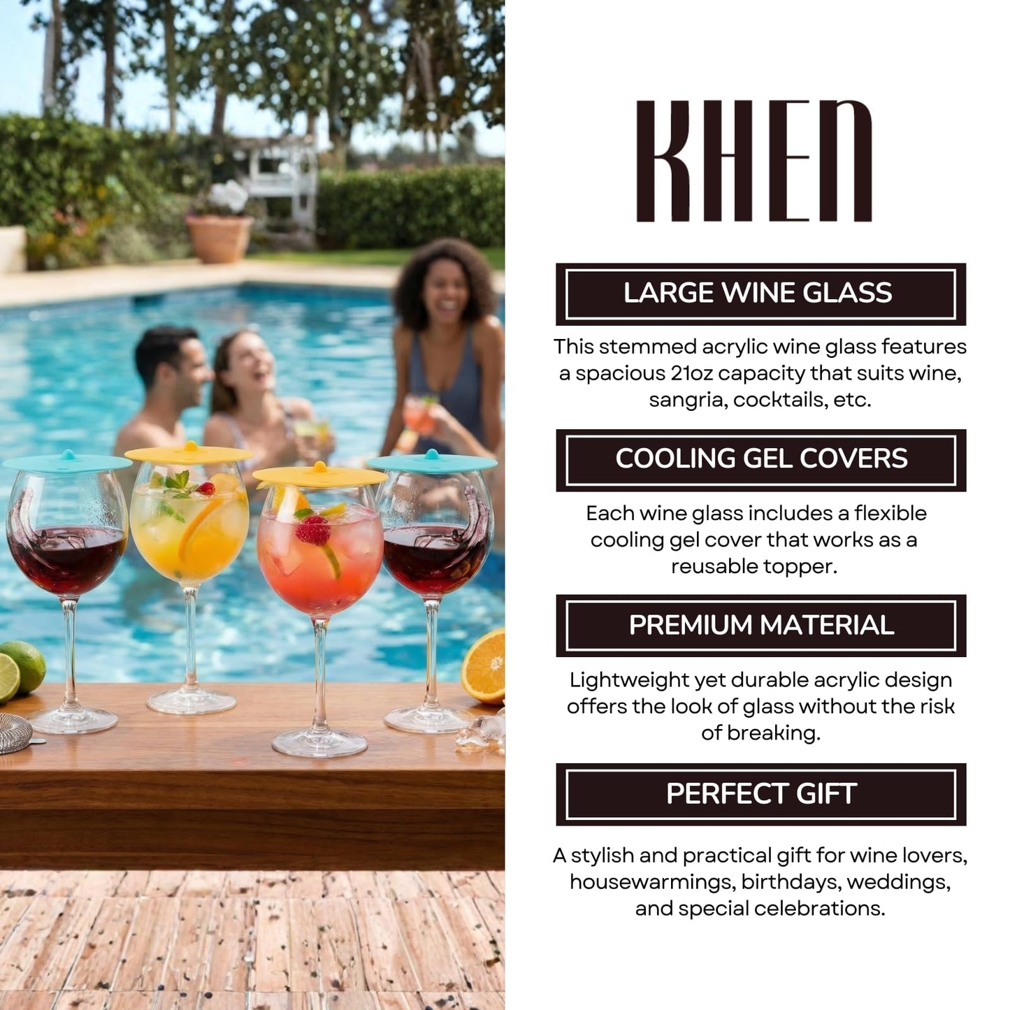 Floating Wine Glasses for Pool with Lids (Set of 4) – 21oz