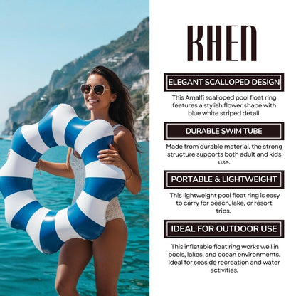 Amalfi Scalloped Inflatable Tube Pool Float Ring - Blue & White