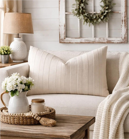 Fennco Styles Light Beige Textured Striped Throw Pillow Cover 18" X 18" - Modern Accent Pillow Case for Couch, Home and Neutral Farmhouse Décor, 2-Pack