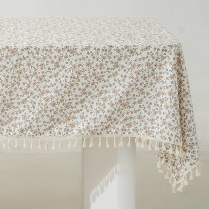 Fennco Styles Spring Floral White Cotton Tablecloth with Tassel – 56" W X 56" L Delicate Botanical Print Table Cover for Dining Room, Tea Party, Banquet or Spring Decor