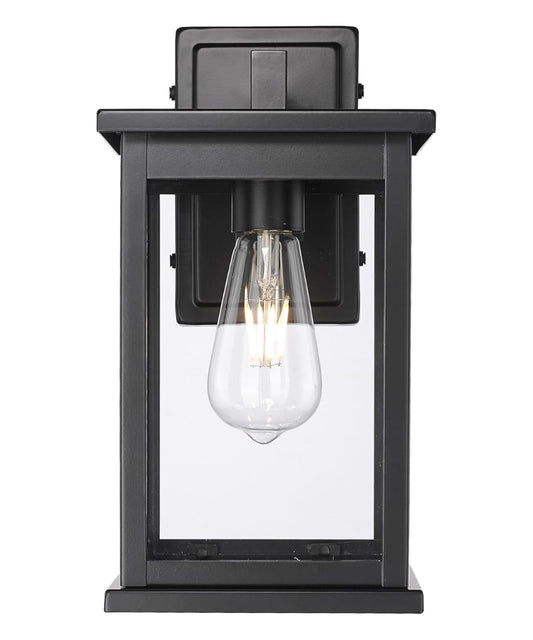 11"H Bowton II Outdoor Wall Light - Dusk to Dawn Matte Black Finish with Glass Shade by Millennium Lighting