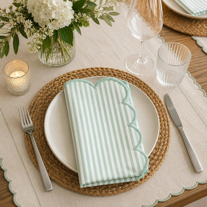 Fennco Styles Natural Scalloped Stripe Cloth Napkins 20" x 20", Set of 4 - Modern Farmhouse Table Napkins for Everyday Dining, Parties & Holiday Entertaining