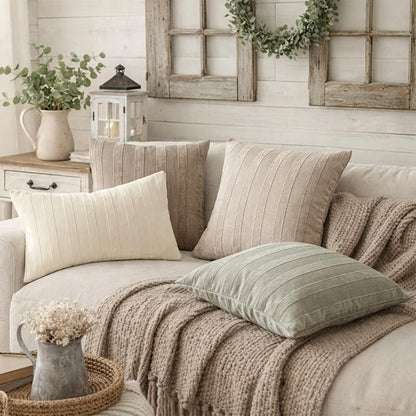 Fennco Styles Light Beige Textured Striped Throw Pillow Cover 18" X 18" - Modern Accent Pillow Case for Couch, Home and Neutral Farmhouse Décor, 2-Pack