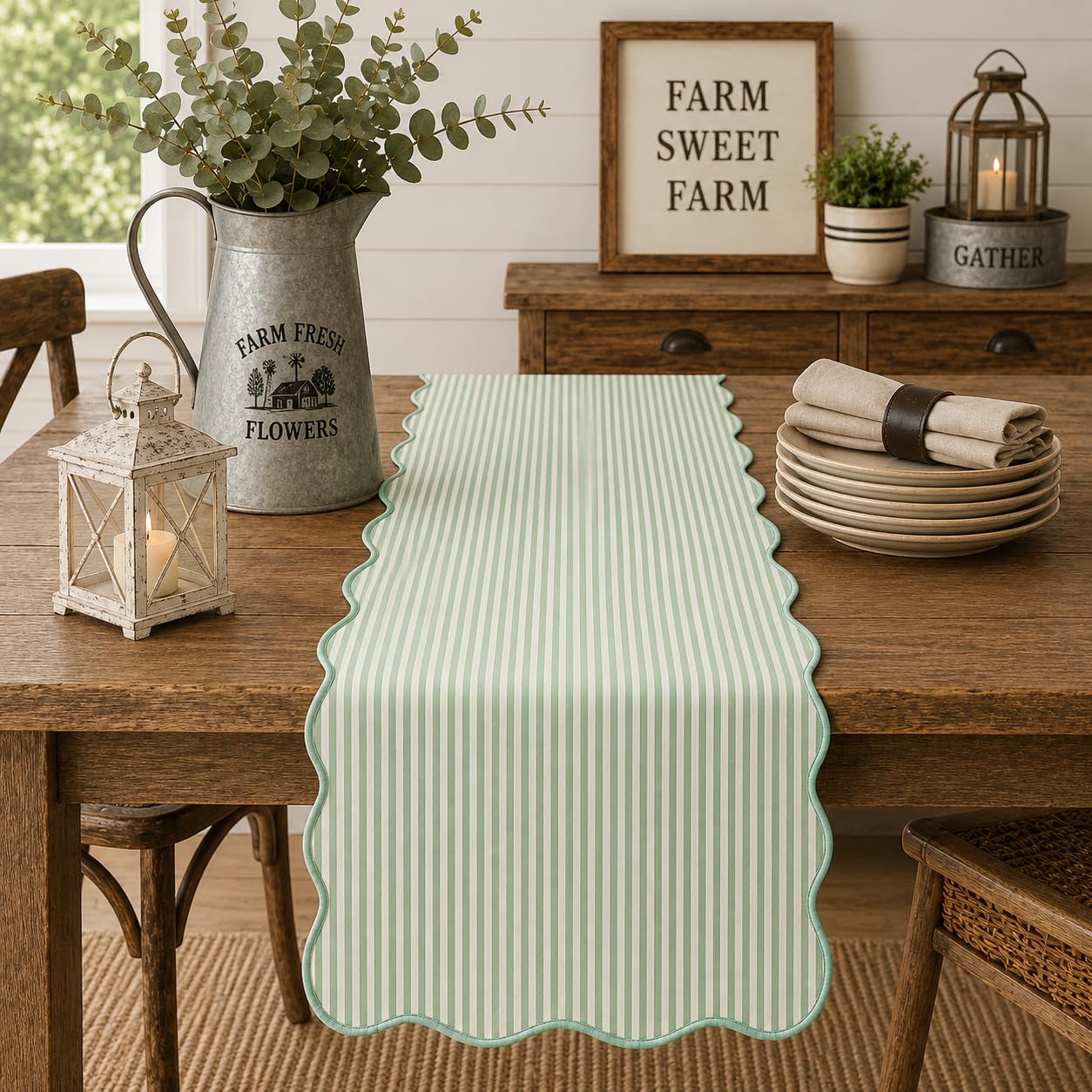 Fennco Styles Scalloped Stripe Table Runner 16 X 72 Inch - Lined Farmhouse Decorative Table Cover for Kitchen, Dining Room, Holiday & Everyday Home Décor (Natural)