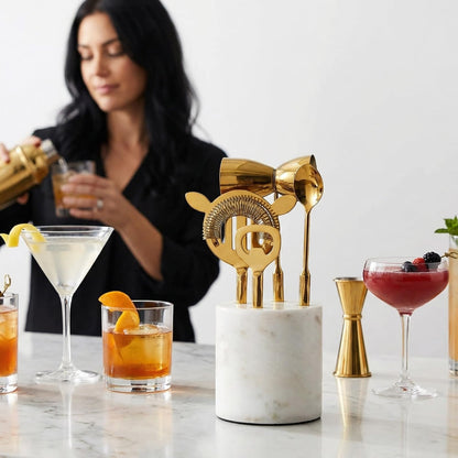 Gold Marble Cocktail Bar Tool Set, 5 Piece 9.06 x 3.75 Inch White Stone Holder Stainless Steel
