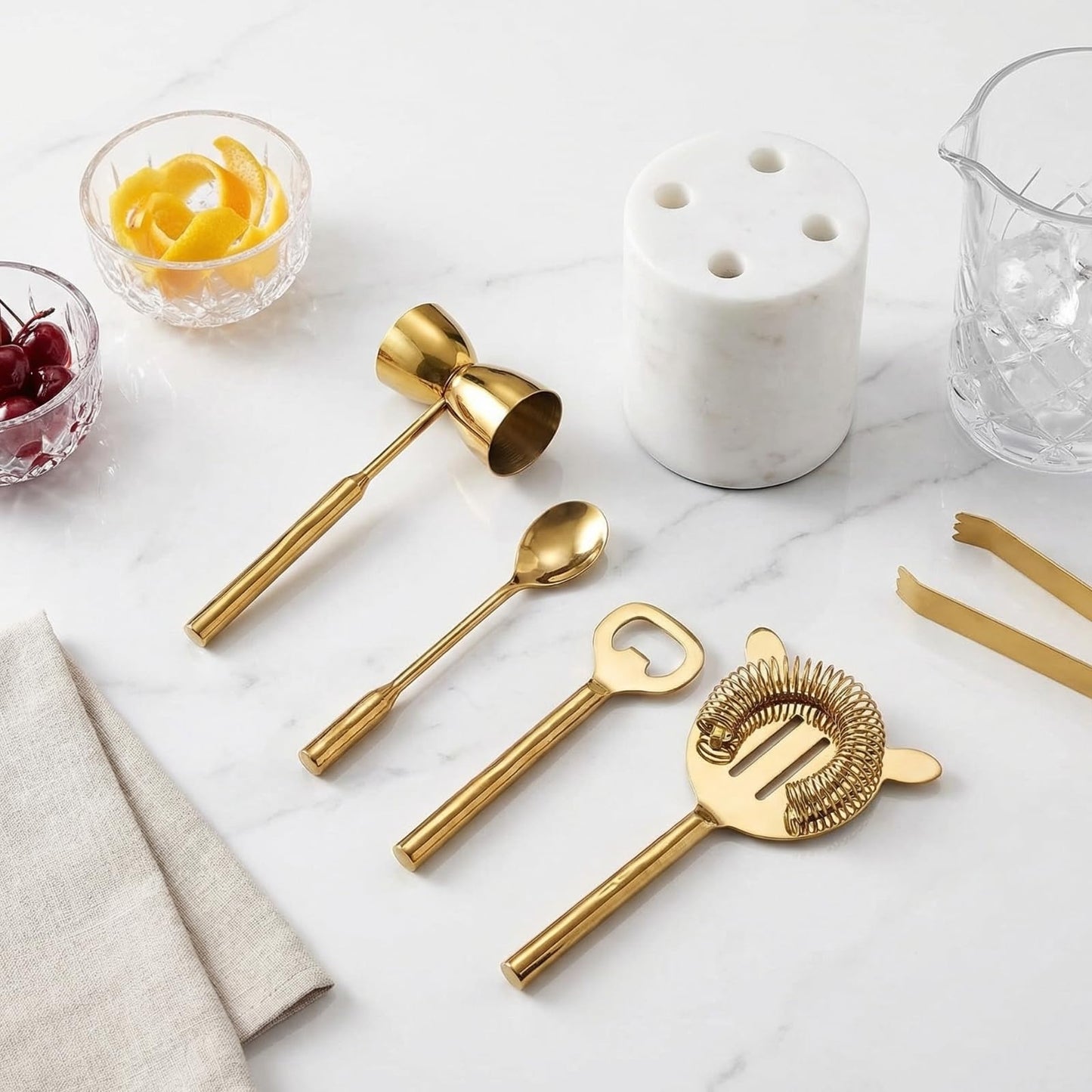 Gold Marble Cocktail Bar Tool Set, 5 Piece 9.06 x 3.75 Inch White Stone Holder Stainless Steel