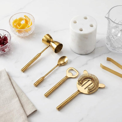 Gold Marble Cocktail Bar Tool Set, 5 Piece 9.06 x 3.75 Inch White Stone Holder Stainless Steel