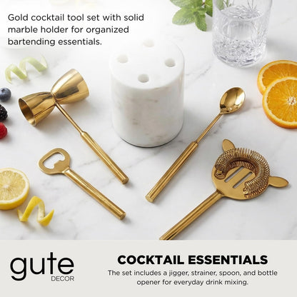 Gold Marble Cocktail Bar Tool Set, 5 Piece 9.06 x 3.75 Inch White Stone Holder Stainless Steel