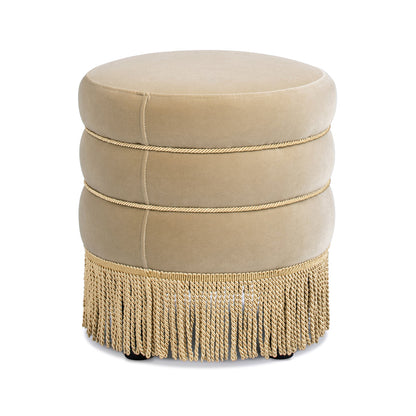 Edward 17.5" Round Upholstered Ottoman with Bullion Fringe Fawn