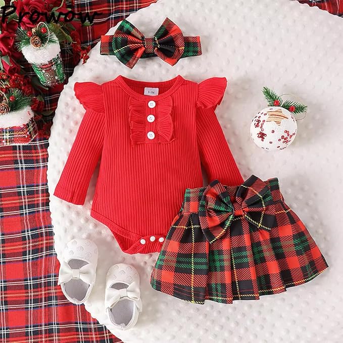 Stylesilove Infant Baby Girls Ribbed Long Sleeve Cotton Bodysuit, Plaid Skirt & Headband 3pcs Christmas Holiday Outfit