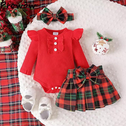Stylesilove Infant Baby Girls Ribbed Long Sleeve Cotton Bodysuit, Plaid Skirt & Headband 3pcs Christmas Holiday Outfit