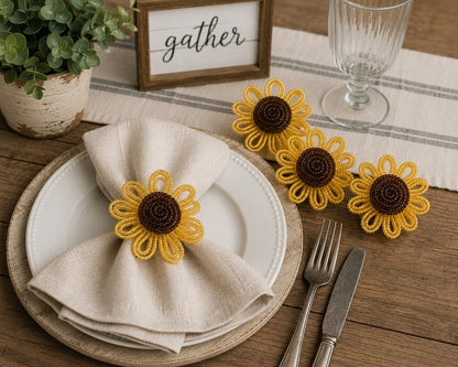 Fennco Styles Beaded Sunflower Napkin Rings, Set of 4 - Handmade Gold Floral Napkin Holders for Fall Dining Décor, Thanksgiving, Harvest Parties & Everyday Entertaining