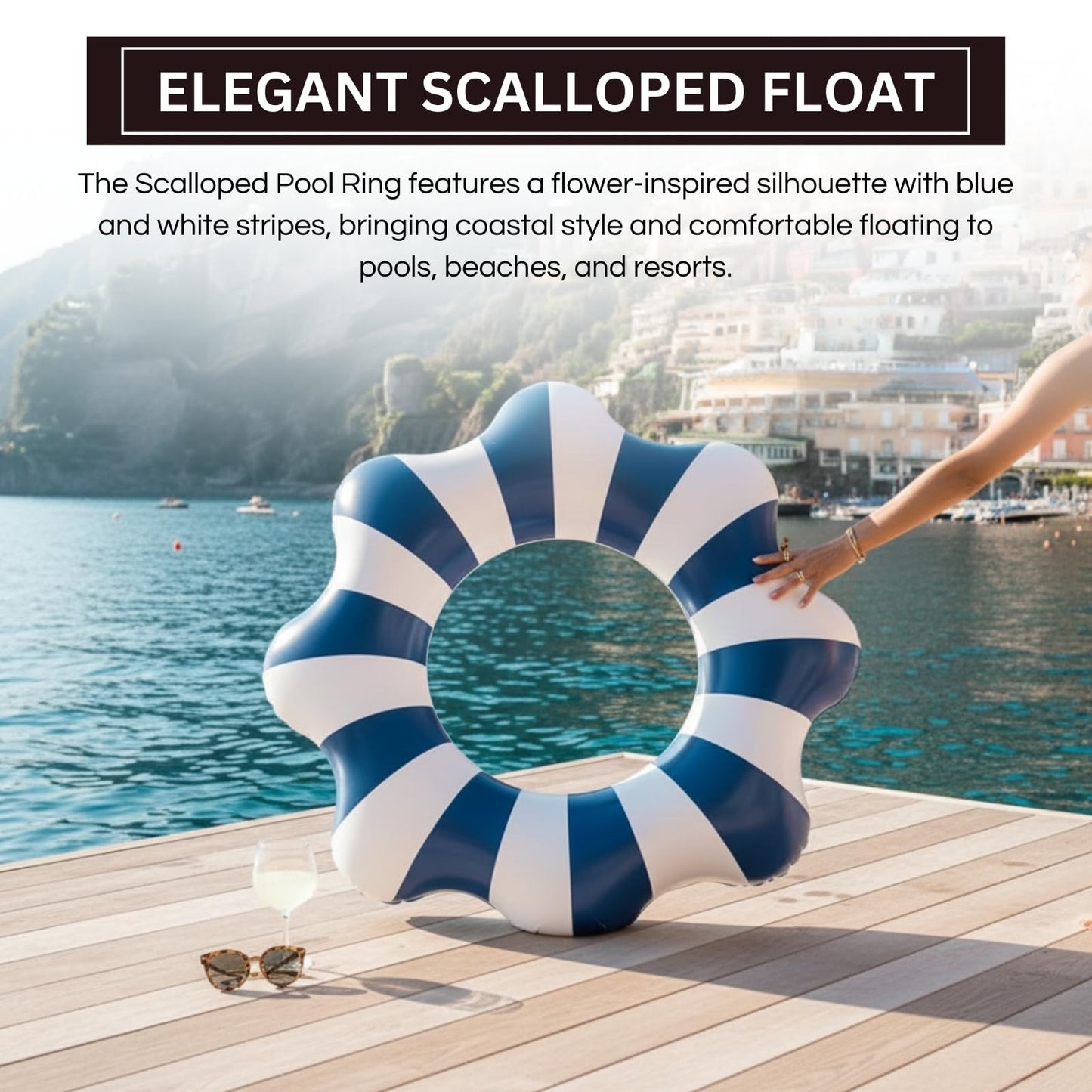 Amalfi Scalloped Inflatable Tube Pool Float Ring - Blue & White