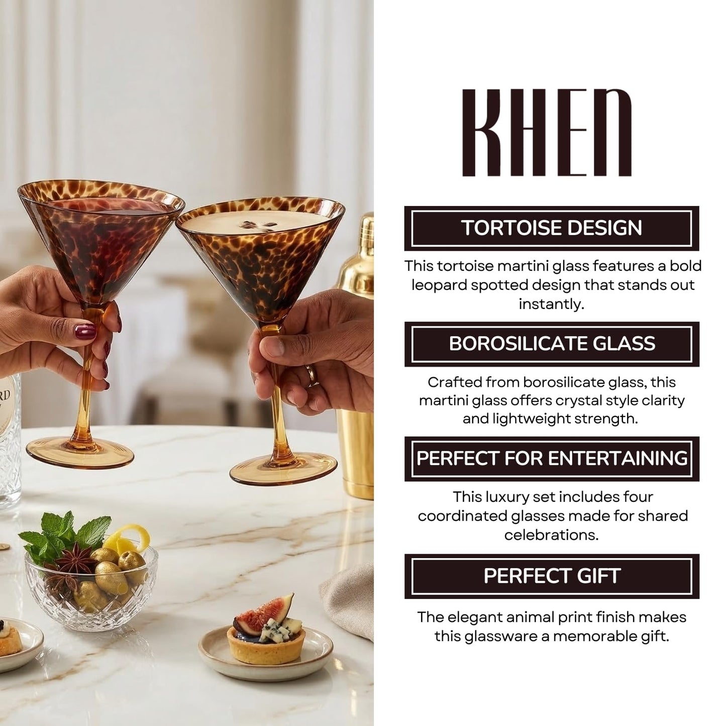 Tortoise Leopard Print Martini 9oz - Set of 4, 7.1" Spotted Borosilicate Cocktail Stem