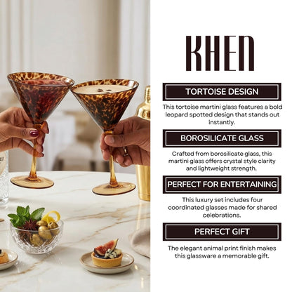 Tortoise Leopard Print Martini 9oz - Set of 4, 7.1" Spotted Borosilicate Cocktail Stem