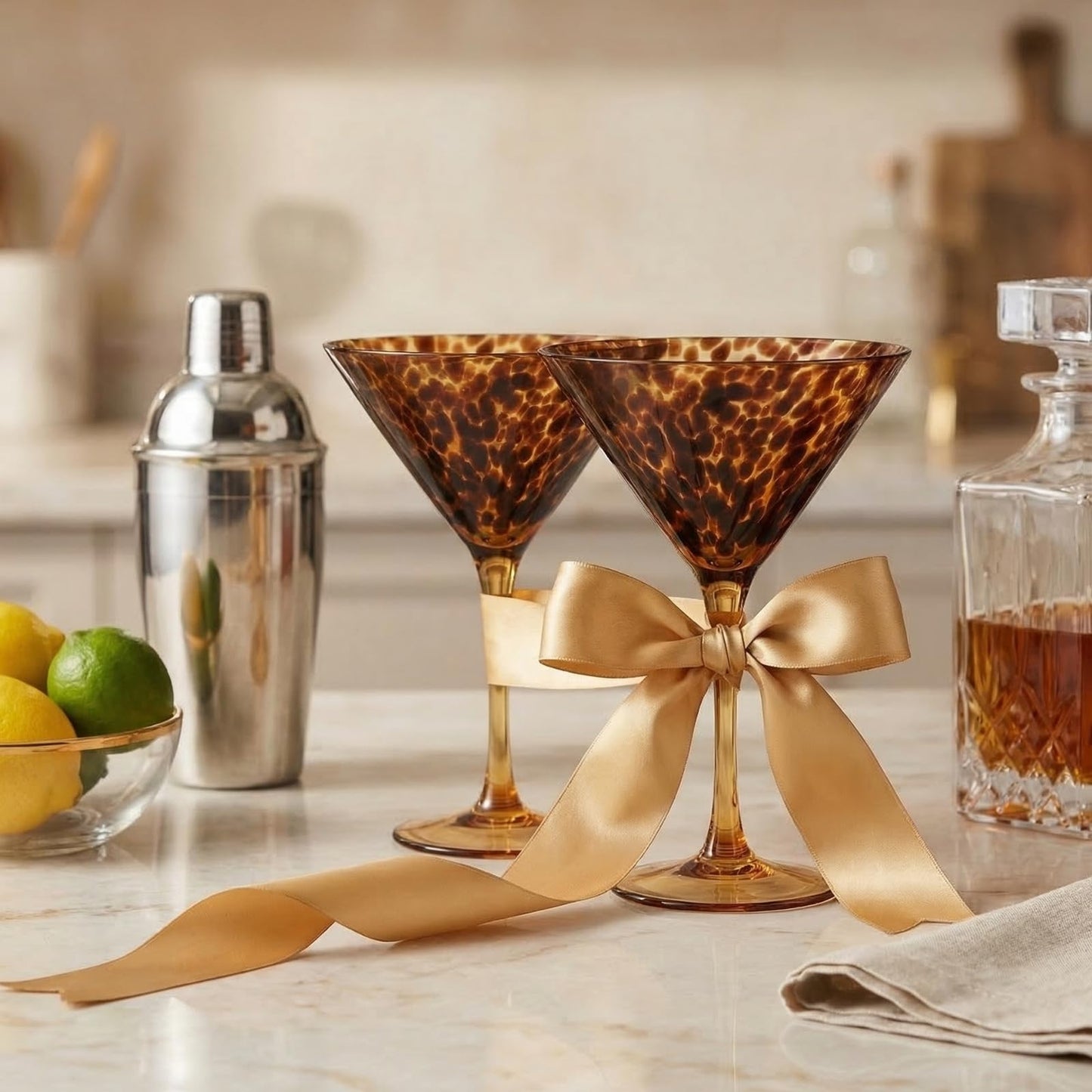 Tortoise Leopard Print Martini 9oz - Set of 2, 7.1" Spotted Borosilicate Cocktail