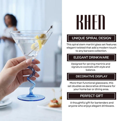 Spiral Stem Martini Glasses Set of 2, 9.2oz 7.05" Blue
