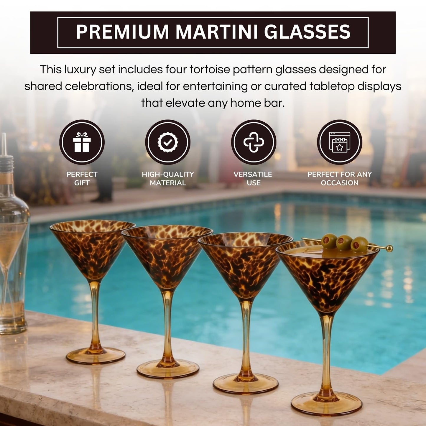Tortoise Leopard Print Martini 9oz - Set of 4, 7.1" Spotted Borosilicate Cocktail Stem
