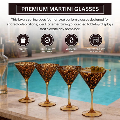 Tortoise Leopard Print Martini 9oz - Set of 4, 7.1" Spotted Borosilicate Cocktail Stem