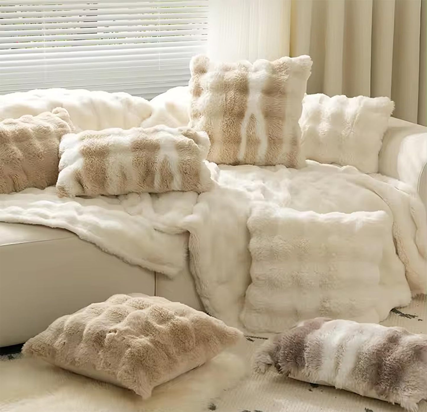 Fennco Styles Luxury Faux Fur Decorative Throw Pillow Cover 18" W X 18" L – Ivory Plush Fluffy Cushion Case for Couch, Bedroom, Living Room and Office Décor