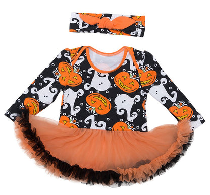 stylesilove Infant Baby Girls Pumpkin Long Sleeve Cotton Romper Tutu Dress and Headband 2pcs Fall Spooky Outfit