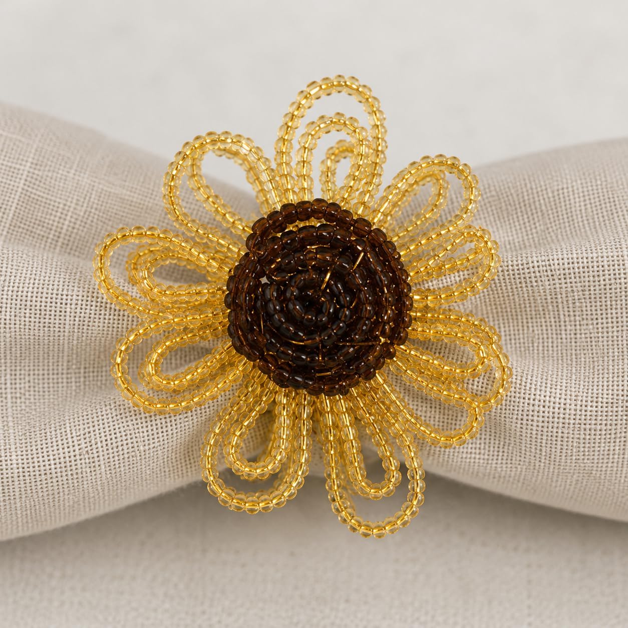 Fennco Styles Beaded Sunflower Napkin Rings, Set of 4 - Handmade Gold Floral Napkin Holders for Fall Dining Décor, Thanksgiving, Harvest Parties & Everyday Entertaining