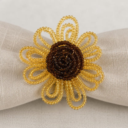 Fennco Styles Beaded Sunflower Napkin Rings, Set of 4 - Handmade Gold Floral Napkin Holders for Fall Dining Décor, Thanksgiving, Harvest Parties & Everyday Entertaining