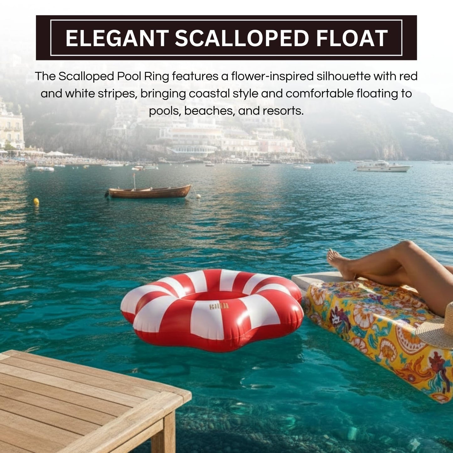 Amalfi Scalloped Inflatable Tube Pool Float Ring - Red & White