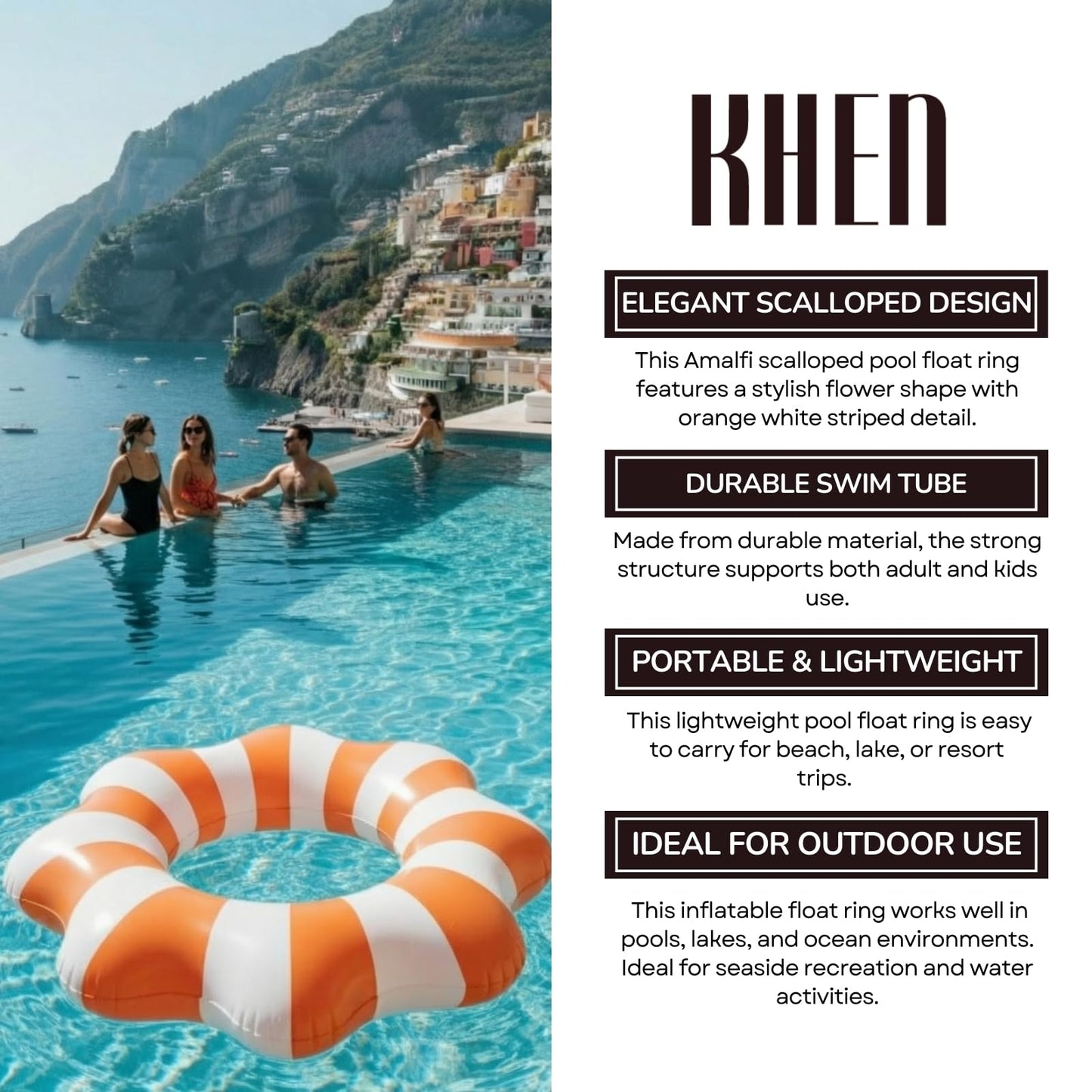 Amalfi Scalloped Inflatable Tube Pool Float Ring - Orange & White