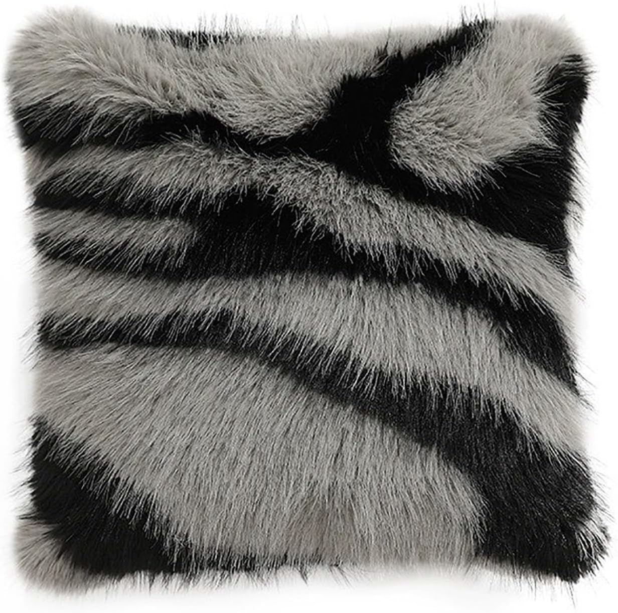 Fennco Styles Zebra Stripe Faux Fur Animal Design Decorative Throw Pillow Cover 18" W x 18" L – Grey Plush Cushion Case for Couch, Bedroom, Living Room and Office Décor