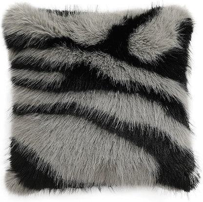 Fennco Styles Zebra Stripe Faux Fur Animal Design Decorative Throw Pillow Cover 18" W x 18" L – Grey Plush Cushion Case for Couch, Bedroom, Living Room and Office Décor