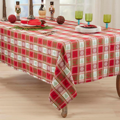 Fennco Styles Holiday Plaid Jacquard Cotton Tablecloth 63" X 84" - Red Christmas Table Cover for Winter Festivals, Family Gathering, Banquets, and Special Occasions