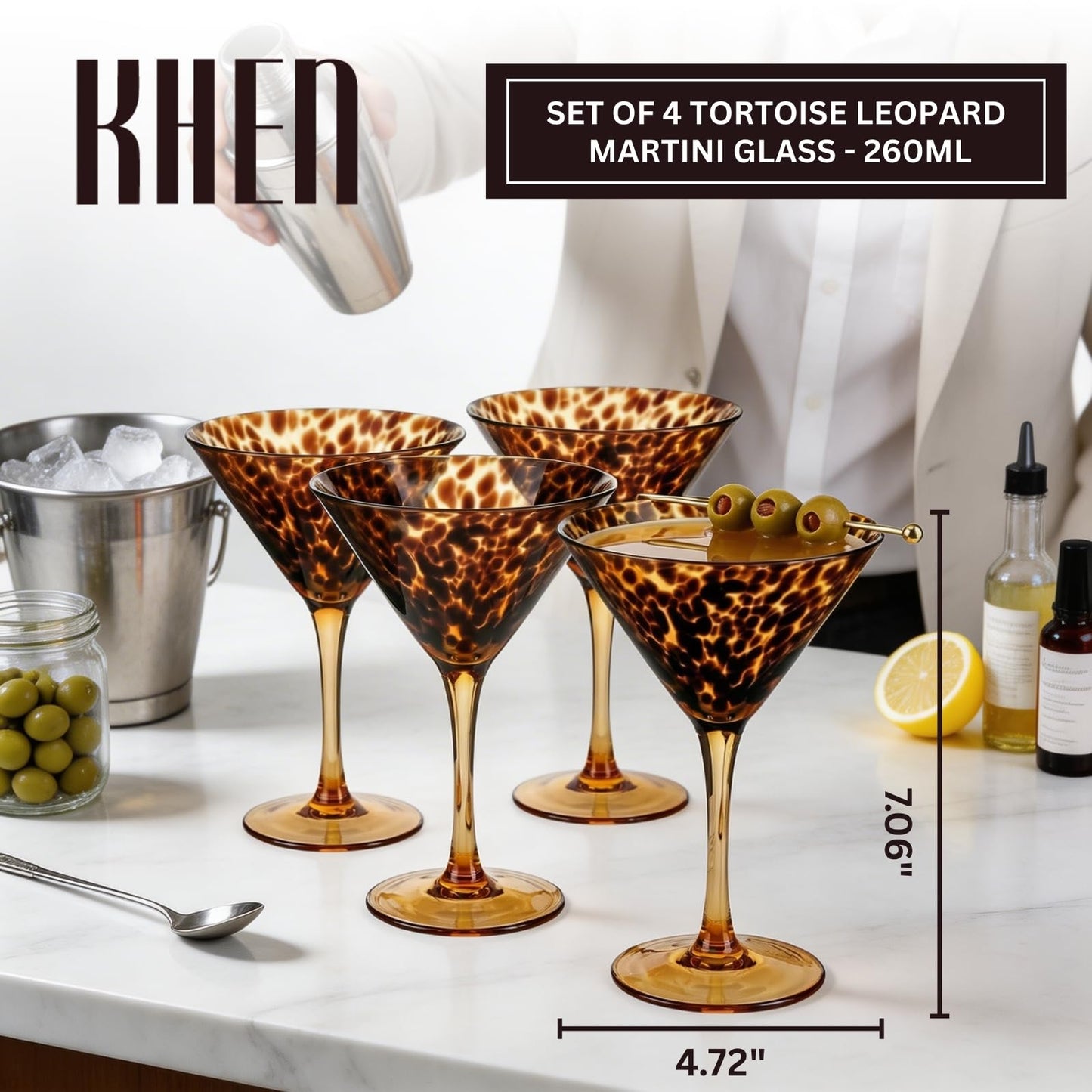 Tortoise Leopard Print Martini 9oz - Set of 4, 7.1" Spotted Borosilicate Cocktail Stem