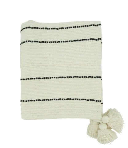 Fennco Styles Stripe Cotton Throw Blanket with Chunky Tassel 50" W x 60" L - Ivory Woven Blanket for Couch, Bedroom, Living Room and Office Décor