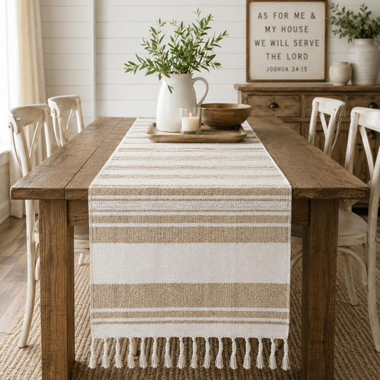 Fennco Styles Farmhouse Cotton Jute Table Runner with Tassel Fringe 14 x 72 Inch - Rustic Natural and Ivory Woven Table Cover for Kitchen, Dining Room, Everyday Use and Seasonal Entertaining