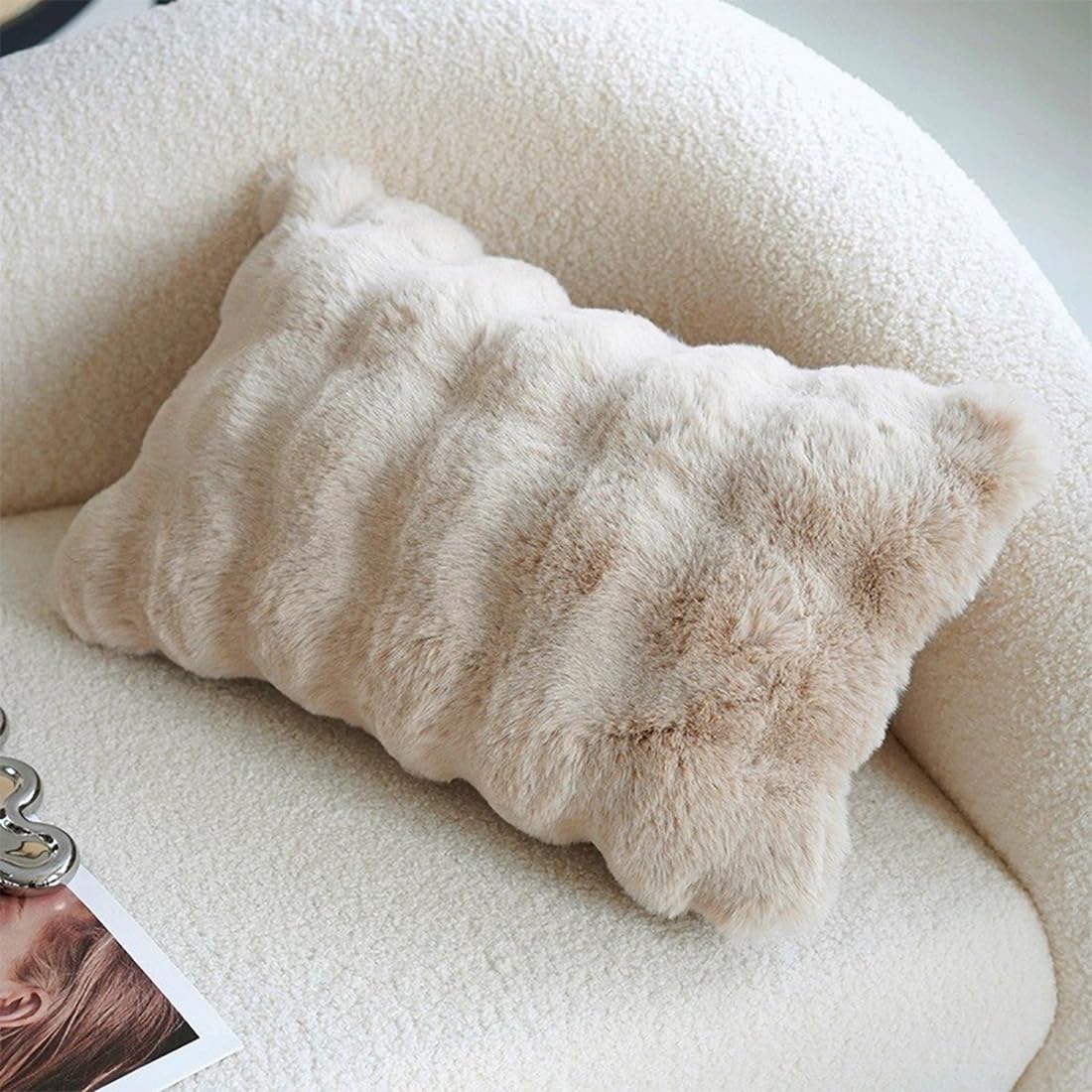 Fennco Styles Luxury Faux Fur Decorative Throw Pillow Cover 18" W X 18" L – Ivory Plush Fluffy Cushion Case for Couch, Bedroom, Living Room and Office Décor