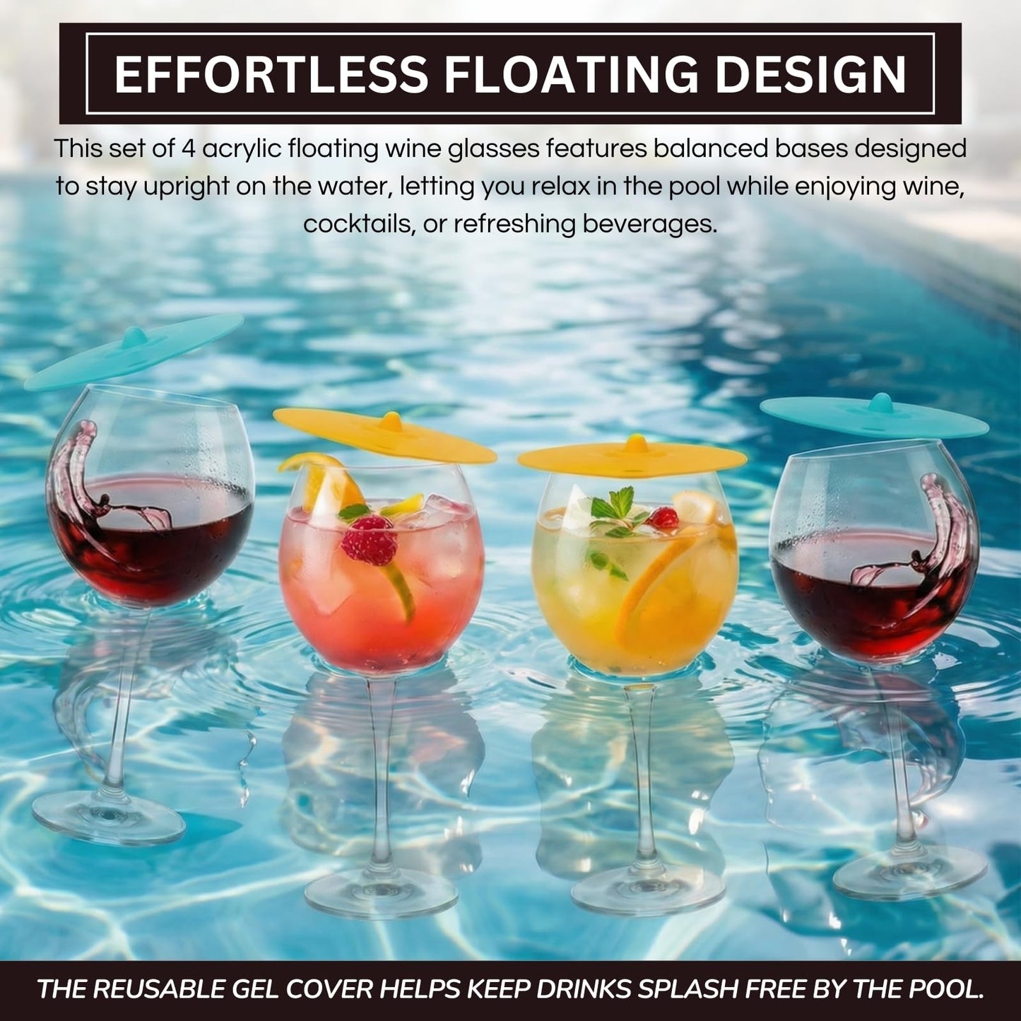 Floating Wine Glasses for Pool with Lids (Set of 4) – 21oz