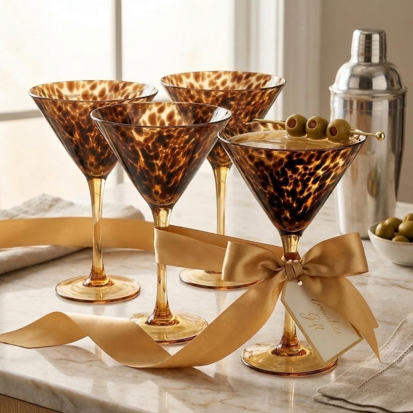 Tortoise Leopard Print Martini 9oz - Set of 4, 7.1" Spotted Borosilicate Cocktail Stem