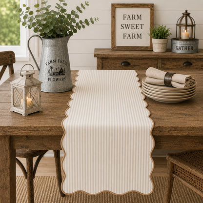 Fennco Styles Scalloped Stripe Table Runner 16 X 72 Inch - Lined Farmhouse Decorative Table Cover for Kitchen, Dining Room, Holiday & Everyday Home Décor (Natural)