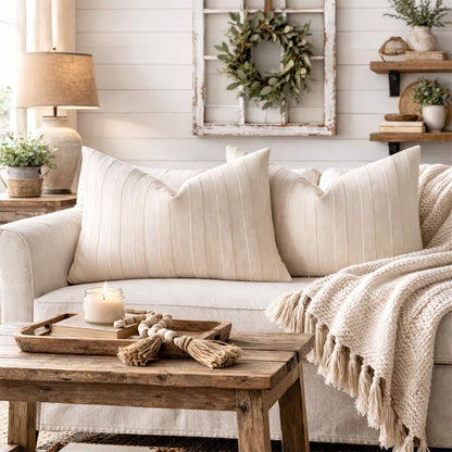 Fennco Styles Light Beige Textured Striped Throw Pillow Cover 18" X 18" - Modern Accent Pillow Case for Couch, Home and Neutral Farmhouse Décor, 2-Pack