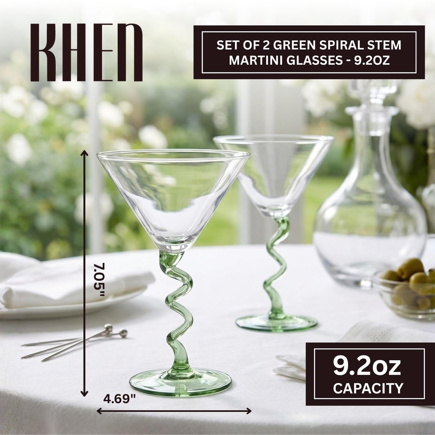 Spiral Stem Martini Glasses Set of 2, 9.2oz 7.05" Green