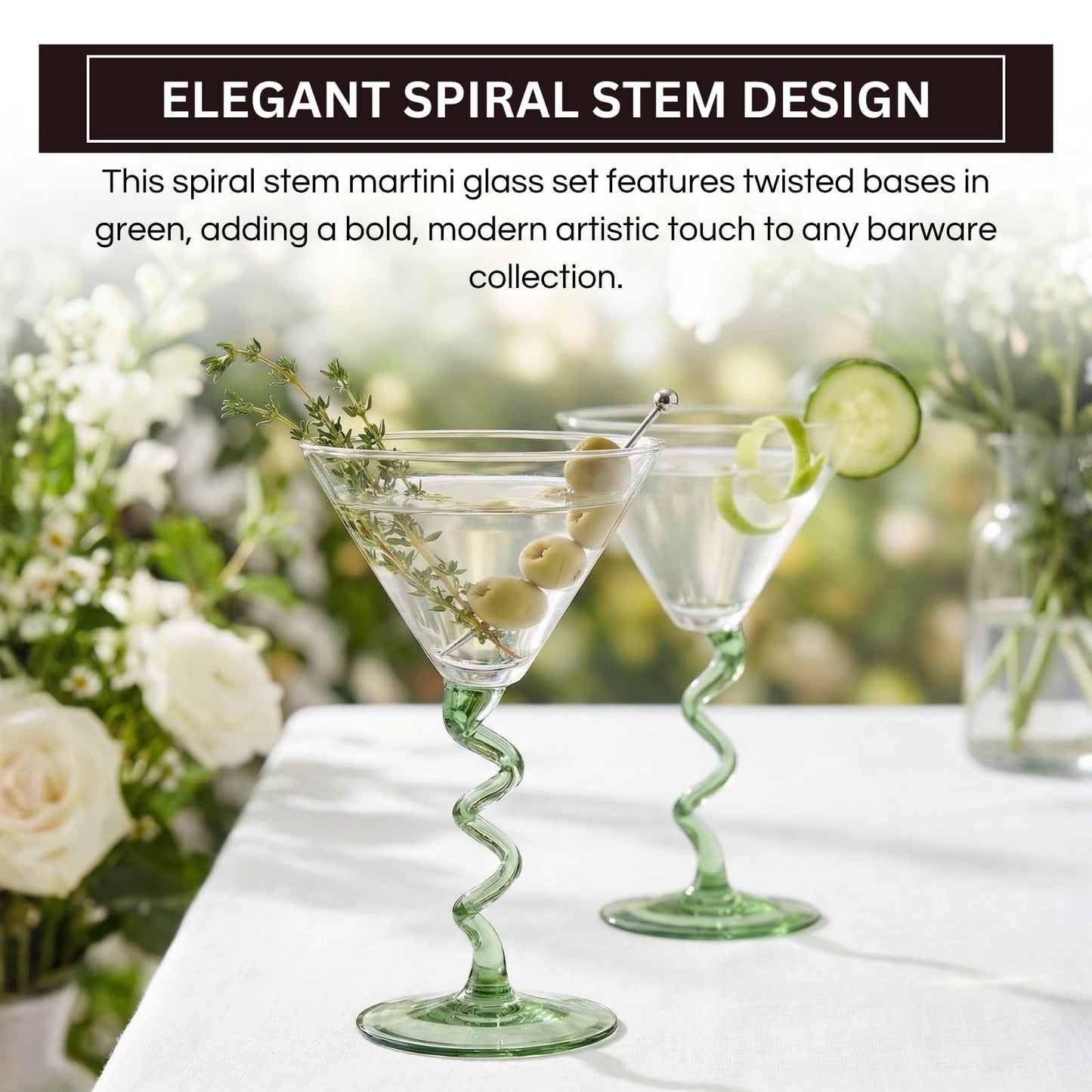 Spiral Stem Martini Glasses Set of 2, 9.2oz 7.05" Green